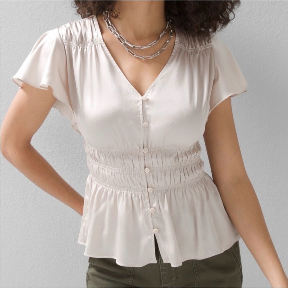 White House Black Market Smocked Flutter-Sleeve Beige Satin Button Blouse: Small